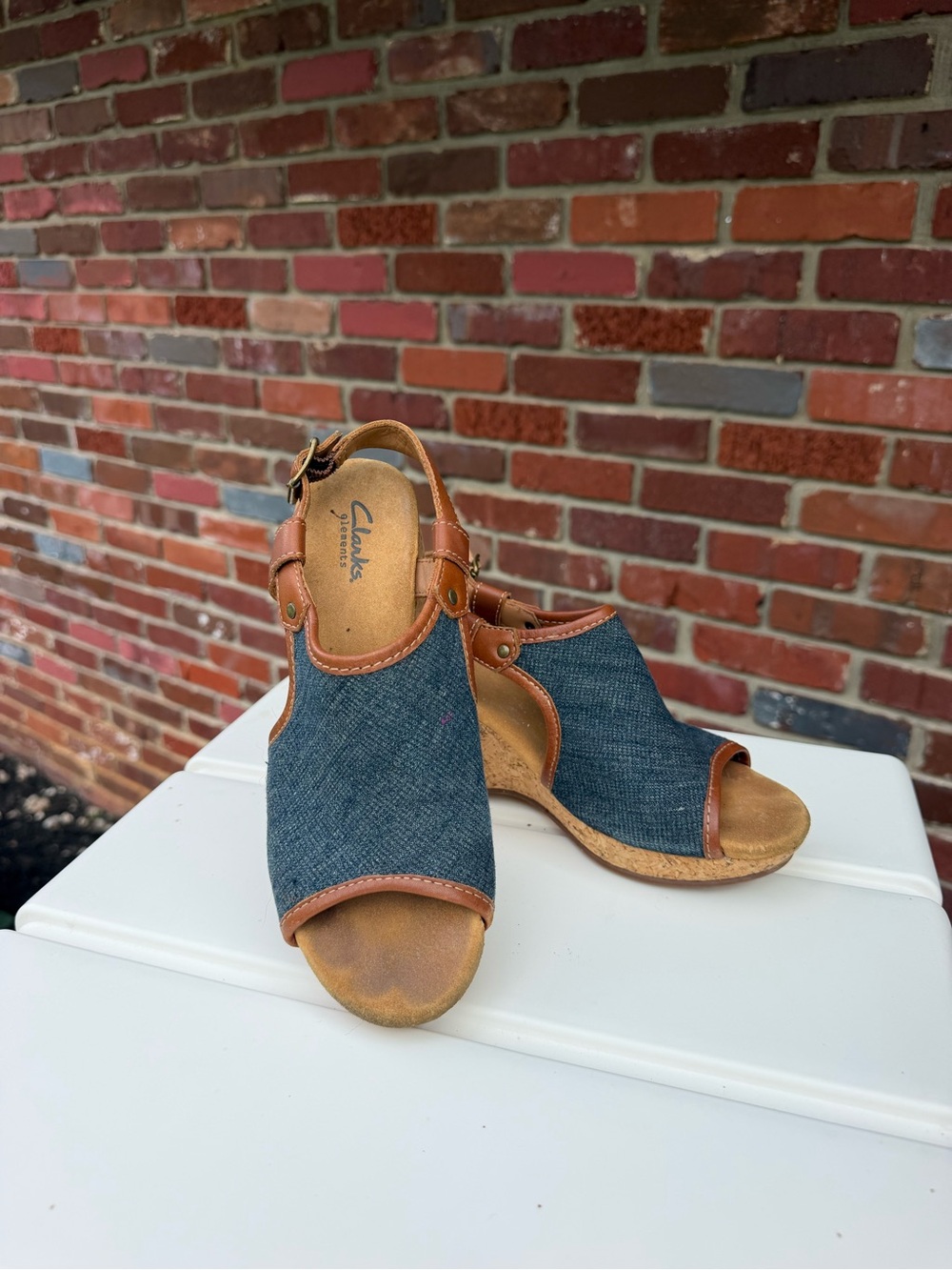 Clarks Denim and Brown Leather Open-Toe Wedge Sandals
